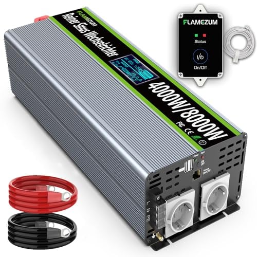 FLAMEZUM 4000W Wechselrichter 12v 230v Reiner Sinus Spannungswandler Power Inverter Konverter mit Fernbedienung LED-Anzeige & 2 EU AC Steckdosen & 2 USB Port für Auto, Wohnwagen, Boot, Camping