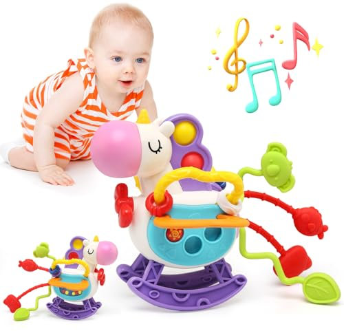 JoyLife Baby Sensory Toys 0 3 6 12 Months,Unicorn Silicone Pull String Toys,Montessori Toys for 1 Year Old, Fine Motor Skills Hand Gripping Baby Toys,Rattle Gifts for Boys Girls Kids Age 1-3