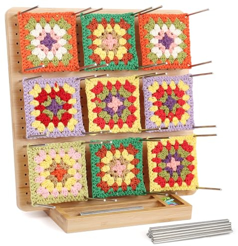 Coopay Granny Square Spanner Grande, 29 x 29 cm Blocking Board per Uncinetto Grande con 30 Spilli in Acciaio Inox e Fondo Scanalato, Tavola di Appoggio in Bambù per Spannare Granny Squares, Blocking