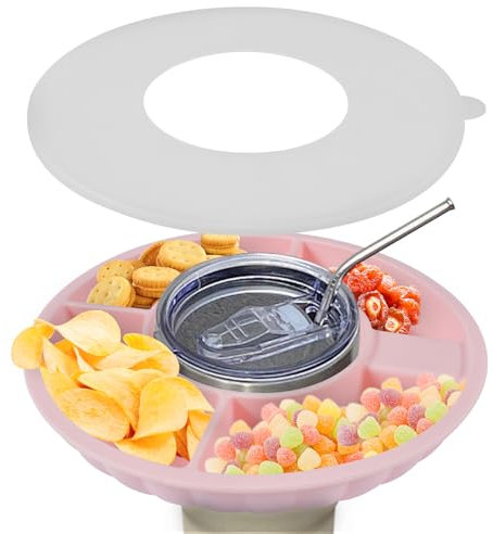 Auirshiky Bol à collation pour Stanley 40 oz,Assiette à Collation en Silicone pour Stanley Tasse,Coupe à Goûter pour Stanley Cup Accessoires,Réutilisable,avec Couvercle et Paille,4 Compartiments,Rose
