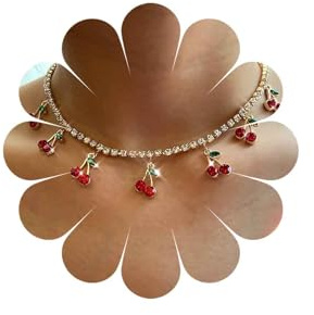Inateannal Kristall Kirschen Halskette Halsreif goldene CZ Tenniskette rote Kirsch Anhänger Halskette Kirsch Quasten Tennis Halskette kubische Zirkonia Tennis Halskette Kirschfrucht Kristall Halskette