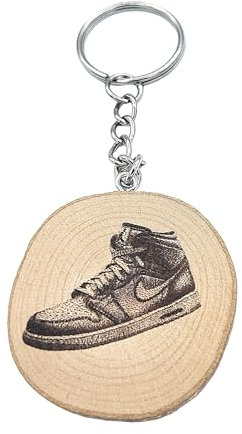 Promotech Porte-clés emblématique en bois gravé au laser en forme de chaussure de basketball Air, Bois naturel, W5L5
