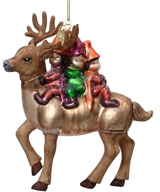 Kaemingk Christbaumschmuck Wichtel auf Hirsch 12cm Glas - Figur zum Aufhängen - Weihnachtsbaum Anhänger für Weihnachten - Christbaumanhänger & Weihnachtsbaumschmuck - Märchen REH Renntier Braun