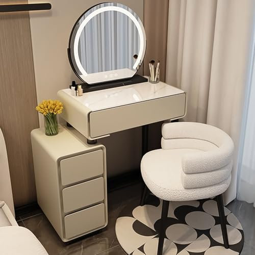 Toilette da Trucco con Cassettiera Moderno Tavolo CosmeticoToeletta con Luci LED, Postazione Make Up con Sedia Trucco, Facile da Montare per Camera da Letto(Beige,60cm/23.6in)