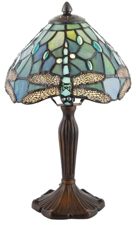 Happy Homewares Handmade Emerald Green Stained Glass 8 Inch Tiffany Lamp with Dragonfly Design | 22cm x 36cm | Antique Bronze Resin Base