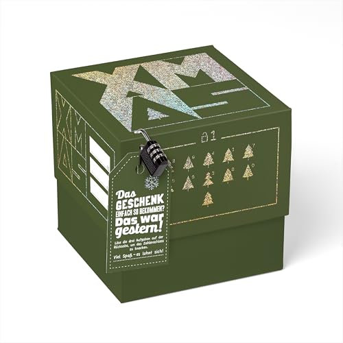 SURPRISA Geschenkbox für Weihnachten, Rätselbox für Geldgeschenke, Glitzer-Design in Grün mit XMAS-Aufdruck, Größe L (20cm)