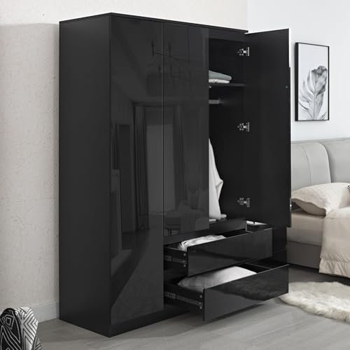 Blisswood High Gloss 3 Door 2 Drawer Wardrobe – MDF Wooden Double Wardrobe with Hanging Rail, Shelves & Large Storage Cupboard for Bedroom Furniture (Black)