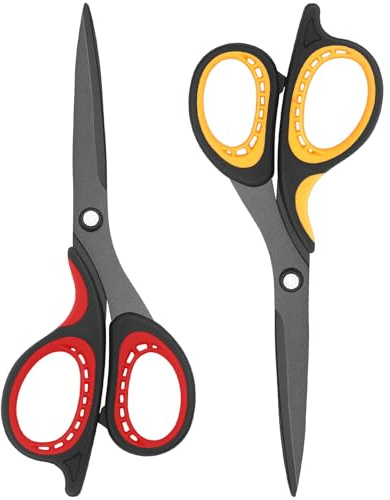 Vutyvve Titan-Scheren-Set, scharfe Edelstahlklingen, weiche Griffe, ideal für Zuhause, Büro, Schule und Handwerk, Rot Schwarz / Gelb / Schwarz, 2-teiliges Set