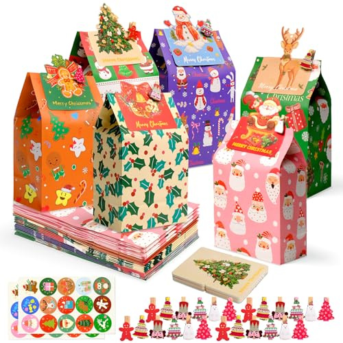 AgagaQx Weihnachtstüten Papier, 24PCS Geschenktütchen Weihnachten, Weihnachtssackerl Niedlich, Adventskalender zum Befüllen Tüten Bunt, Weihnachtsverpackung Festlich mit Weihnachtskarten für Partys