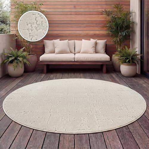 Paco Home Teppich Outdoor Wetterfest, Moderne abstrakte Boho Designs mit 3D Struktur, Pflegeleicht, ideal für Terrasse Wohnzimmer & Küche, Grösse:200 cm Rund, Farbe:Creme 9