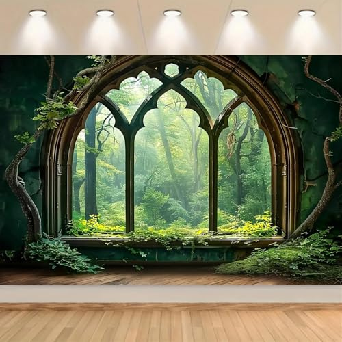 Morceau de Forêt Verte Printanière Fond Vinyle Mystérieuse Fenêtre Cintrée Vues Végétation luxuriante Et Fleurs Sauvages