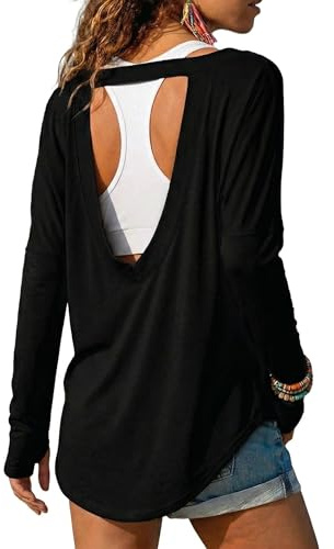 Tankaneo Damen Sportshirt Langarm Loose Fit Gym Yoga Fitness Oberteile | laufshirt,Leicht atmungsaktiv,Rückenfrei,Sport T-Shirt mit Daumenlöchern