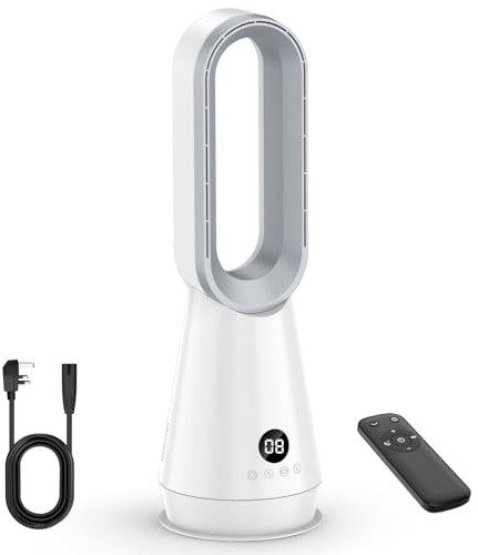 ahnwer Bladeless Tower Fan, Silent Tower Fan with Remote Control, 8 Wind Speeds, 80° Horizontal Rotation, Brushless Motor, LED Display, 9H Timer, Portable Table & Floor Fan for Bedroom, Home Office
