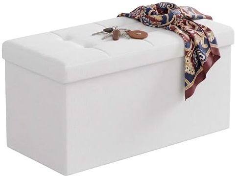 Relaxdays Sitzbank, Stauraum, Stoff, faltbar, gepolstert, Flur, Schlafzimmer, HBT 38 x 76 x 38 cm, Sitztruhe, weiß