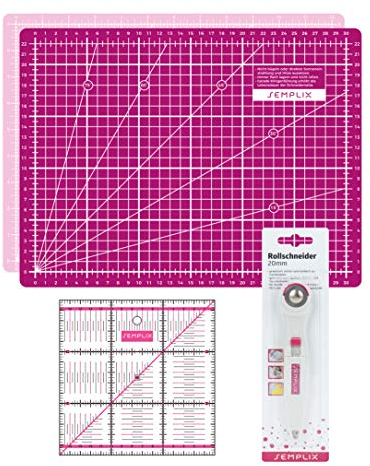 SEMPLIX Schneidematten Set (A4) Ideal für Näh-, Bastel- und Patchworkarbeiten, Schneideunterlage 30 x 22 cm, Rollschneider Super Mini 20 cm, Patchwork-Lineal 15 x 15 cm (pink/Beere)