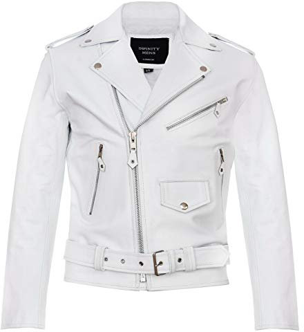 Infinity Leather Giacca da Motociclista da Uomo in Pelle Bianco con Logo Brando M