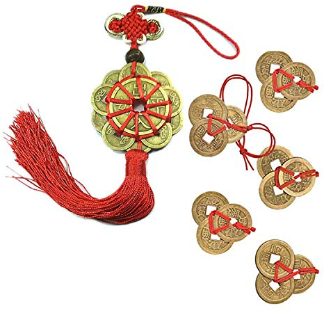 PPX 6 Set Chinoises Pièces Fortune Pièces Noeud Chinois Feng Shui pièces Souvenir I-Ching pièces Traditionnelles avec Chaîne Rouge pour la Richesse et Le Succès Bonne Chance Santé