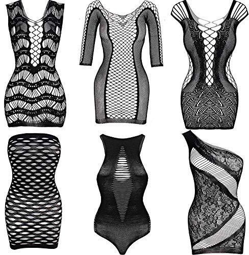 SATINIOR 6 Piezas Lencerías de Malla de Mujer Minivestido de Picardias de Rejilla Ropa de Dormir Traje de Malla (Negro)