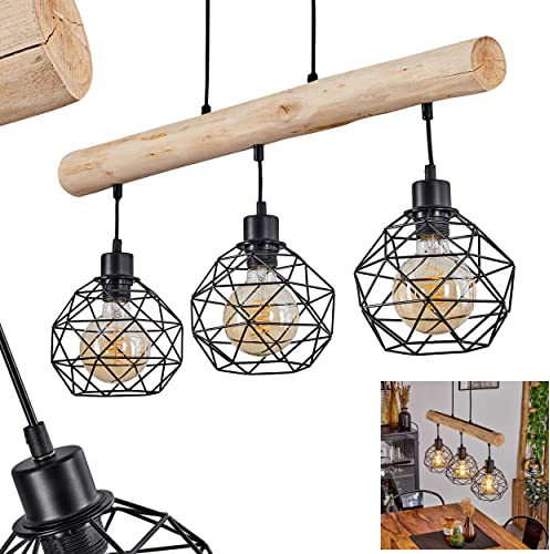 Pendelleuchte Bacabal, Hängelampe aus Metall/Holz in Schwarz/Natur, 3-flammig, 3 x E27, höhenverstellbare Hängeleuchte in Gitter-Optik, ohne Leuchtmittel