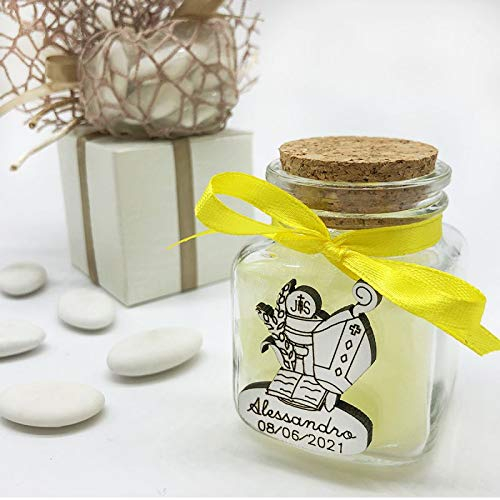 20 x Barattoli in vetro porta confetti con legnetto e personalizzazione a forma di calice ed ostia, mitra e bastone, per comunione e cresima (Con Personalizzazione-con confezione verde)