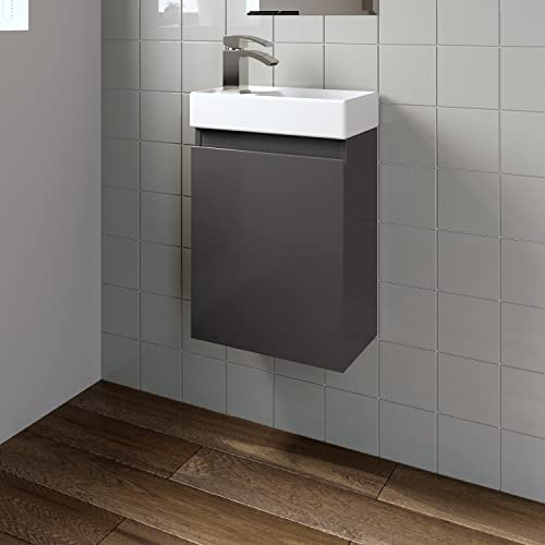 Artis 400mm Bathroom Vanity Unit With Wash Basin Ceramic Sink, Single Door, Cloakroom Storage Furniture Under Basin Cabinet, Wall Hung Cabinets, Grey Gloss