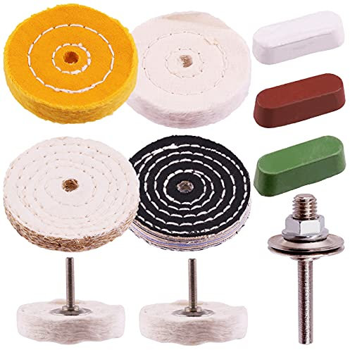 Swpeet Buffing Polishing Wheels Kit, 8Pcs Cotton Wheels in White, Yellow, Linen, Denim, 3Pcs Polishing Compounds, Drill Shank - Coarse, Ideal for Angle Grinder
