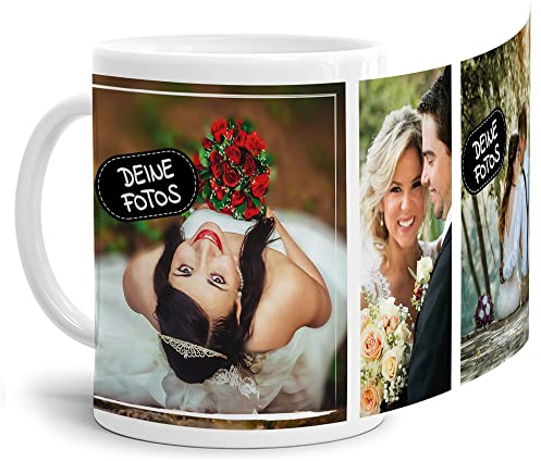 Foto-Tasse zum selbst gestalten mit Foto-Collage für 3 Wunschfotos - Geschenk für Familie, Freunde, Geburtstag, Weihnachten - Keramik Weiß, 300 ml I Personalisiert