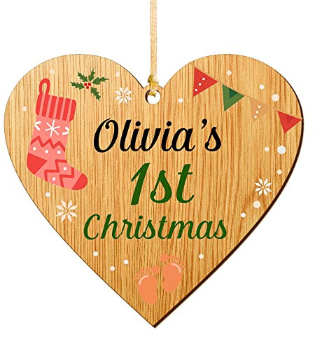 Christmas Tree Decorations Personalised Christmas Baubles Babys First Christmas Decoration Custom Wooden UV Print 1st Xmas Santa Gift for Family New Baby Babies 2023(Heart)