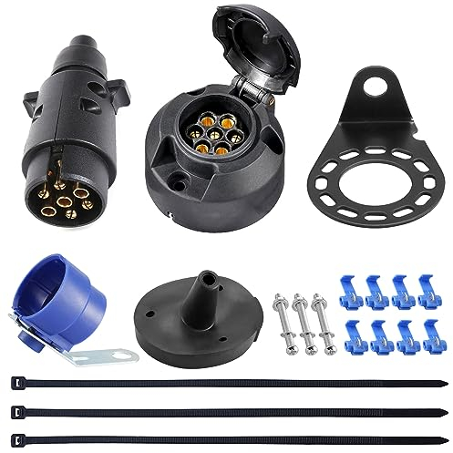 SPARKMOTO Prise Remorque 7 Broches Femelle Et Fiche Remorque 7 Broches Male,12V Fiche Prise pour Remorque 7 Broches Étanche,avec Kit Support de Montage et Joint arrière Étanche,Norme ISO1724(SK0701D)