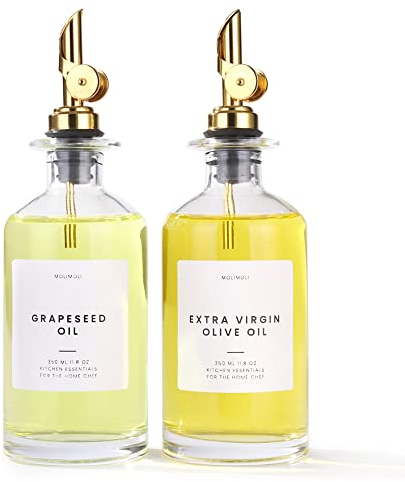 Molimoli Deluxe Olive Oil Dispenser Bottle -Set of 2 350ml Glass Bottles With Gold Pourer for Kitchen and Cooking- Vintage Oil and Vinegar Bottle with Labels