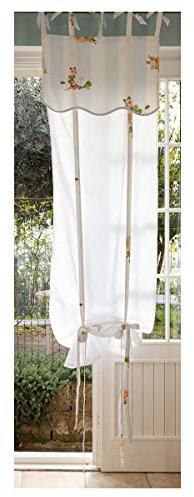 AT17 Vorhang Gardine Raffrollo Raffgardine, Raffrollo Baumwolle Provencal Shabby Chic - Blumen - 60x140 - Weiß/Hellblau