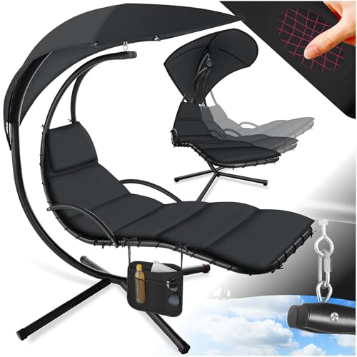 TecTake® Bain de Soleil Suspendu Siege Suspendu avec Support Fauteuil Confortable avec Parasol, Matelas, Protection UV et Poche latérale pour Salon de Jardin Exterieur ou Intérieur