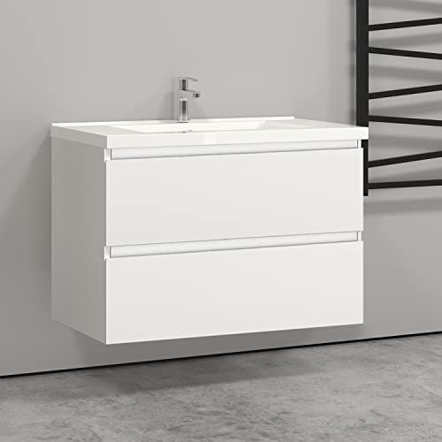 Biubiubath 800mm Wall Hung Basin Vanity Unit White 2 Soft Close Drawers 1 Tap Hole Sink Bathroom Toilet Storage Funiture