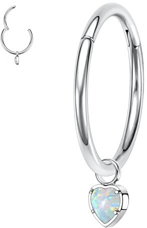 Helix Ohrringe Knorpel Hoop Septum Clicker Ring 10mm 16G Septum Schmuck Nasenringe Chirurgenstahl Tragus Rook Lobe Conch Piercing Schmuck Dangle Ring für Frauen Männer Herz Weißer Opal Anhänger