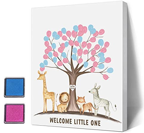Gender Reveal Fingerabdruck Baum mit Safari Tieren, Baby Shower Gästebuch Party Ideen, Gender Reveal Party Ideen, Gender Reveal Keepsake, Leinwand Dekoration
