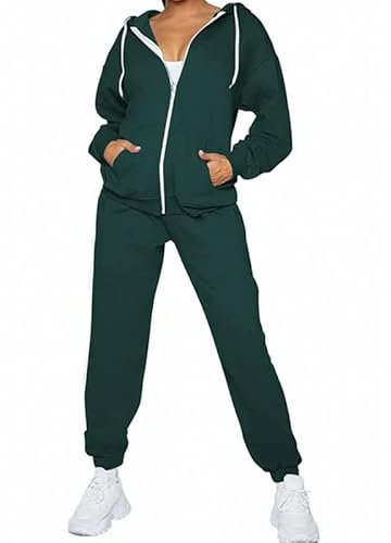 2-teiliges Plaid Trainingsanzug-Set Damen Weiches Fleece Kapuze Reißverschluss Oberteil und Jogginghose Loungewear Sweatsuit, grün, 42