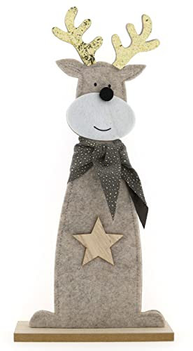 WBWT Elch-Figur aus Filz auf Holz-Sockel, 46cm S beige Gold-Glitzer, mit Stern und Schleife, Rentier Weihnachts-Deko Weihnachten