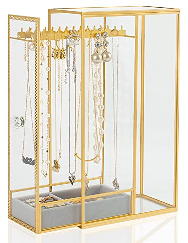 Glass Necklace Holder Organizer, Clear Jewelry Long Necklaces Organizers with Hanging Hooks for Storage Pendant Bracelets, Dust-proof Glass Jewelry Display Case Velvet Tray for Rings Earrings