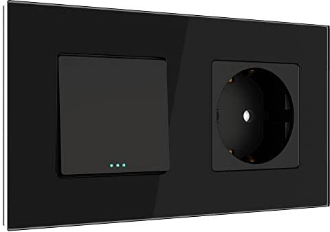 PULSAR Steckdose mit Wechselschalter 2-Fach Glas Schwarz- Lichtschalter Unterputz mit Schutzkontakt-Steckdose mit Kindersicherung 16A 250V