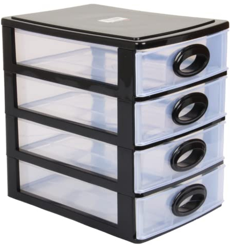 Plastic 4 Tier Desktop Storage Unit with Drawers. Tabletop Organiser. Transparent Mini Storage Tower. (Black)