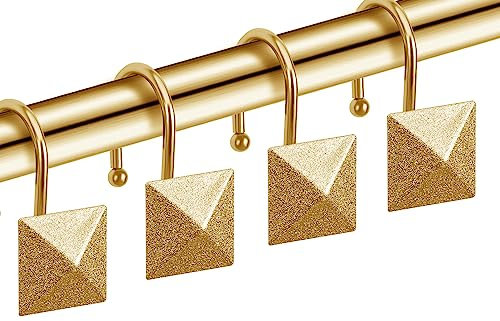 Gold Shower Curtain Hooks, CHICTIE Shower Hooks for Shower Curtain, Rustproof Decorative Shower Curtain Rings for Bathroom Rod, Modern Metal Brass Shower Curtain Hangers, Square Pyramid Set of 12