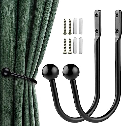 BSITSSS 2 Stück Gardinenhalter Wand, Metall Vorhang Raffhalter Schwarz Vorhanghalter Wand, U-förmige Vorhang Halter, Halter Raffhalter für Gardinen Curtain Holder für Fensterbehandlung(2 Schwarz)