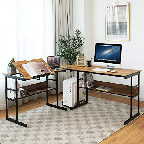 GIANTEX Bureau d’Angle en Forme L 170 CM, Bureau d’Ordinateur avec 2 Étagères, Plateau Inclinable, Support d'Unité Centrale, Table Informatique, Peu Encombrant, Style Industriel (Noyer)