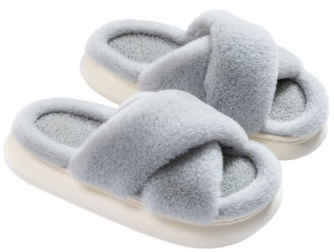 MUQGAOP Flauschige Hausschuhe mit dicker Sohle, Memory-Schaum, offene Zehen, zum Reinschlüpfen, für drinnen und draußen, für Damen und Herren, GRAU, 7-7.5 Women/6-6.5 Men