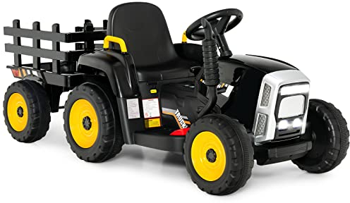 COSTWAY 12V 3-Gang Traktor mit abnehmbarem Anhänger und 2,4G Fernbedienung, Kinder Aufsitztraktor mit LED Lichtern, Musik, Hupe & USB Funktionen, geeignet für Kinder ab 3 Jahren (Schwarz)