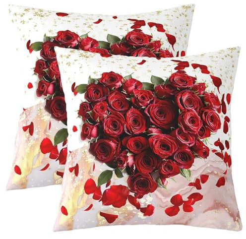 Homemissing Valentinstag Kissenbezüge 55x55cm Paar Romantisch Rose Blumenblume Kissenbezug Mädchen Frauen Liebhaber Liebe Rot Herzen 2er Set Kissenbezüge Kissenhülle Marble Glitzer Dekokissen Dekor