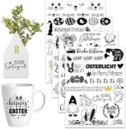 Rub On Sticker Ostern - 4 Bogen Sprüche Frohe Ostern Frühling - Ostereier Osterhase Rub On Folie Transferaufkleber zum Basteln und Dekorieren für Raysin Keraflott Möbel Glas Holz Osterdeko