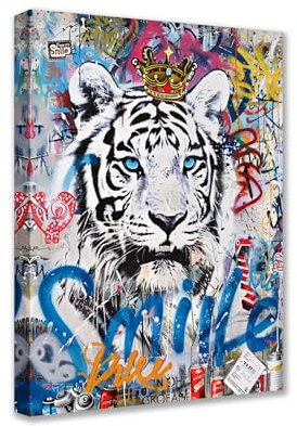 Tucocoo Wanddekoration, Banksy-Tier-Graffiti-Bilder, abstrakter weißer Tiger, 1 Paneel, Leinwand, Street Pop, Wandkunst, Heimdekorationen, gerahmt, fertig zum Aufhängen, Poster und Drucke, 40 x 60 cm