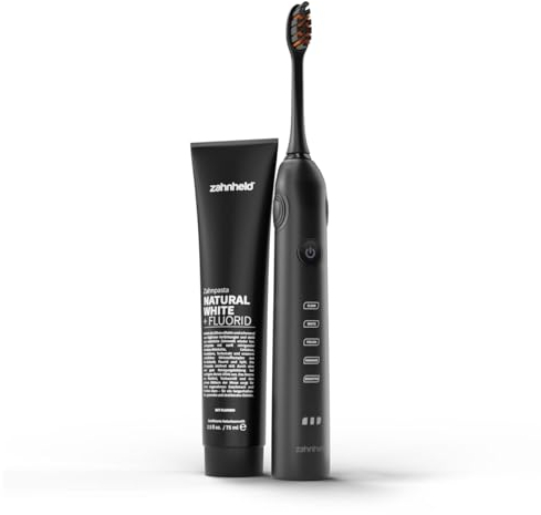 Zahnheld® Elektrische Schallzahnbürste GERO mit Reiseetui und Bürstenkopf | Natural White Whitening Zahnpasta | Für eine täglich effektive Zahnreinigung | Lange Akkulaufzeit | 5 Putzmodi