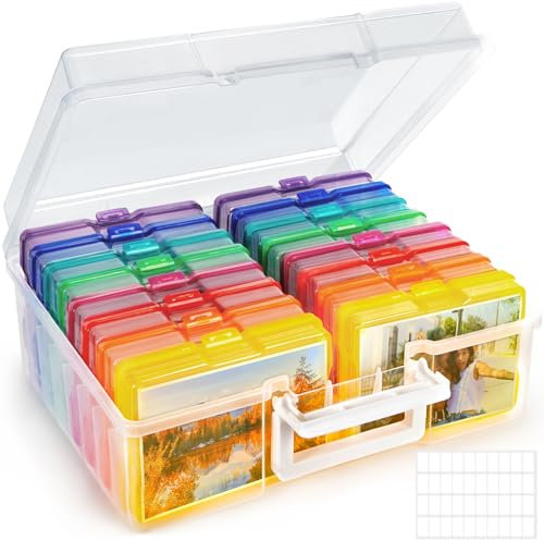 FAMKEEP Scatola Porta Foto,16 Scatole Porta Foto Interne Multicolore 17x11.5x3cm,Scatola Porta per Fotografie con Foglio di Etichette Adesive per Semi,Artigianato,Foto,Pezzi del Puzzle,Cartoline